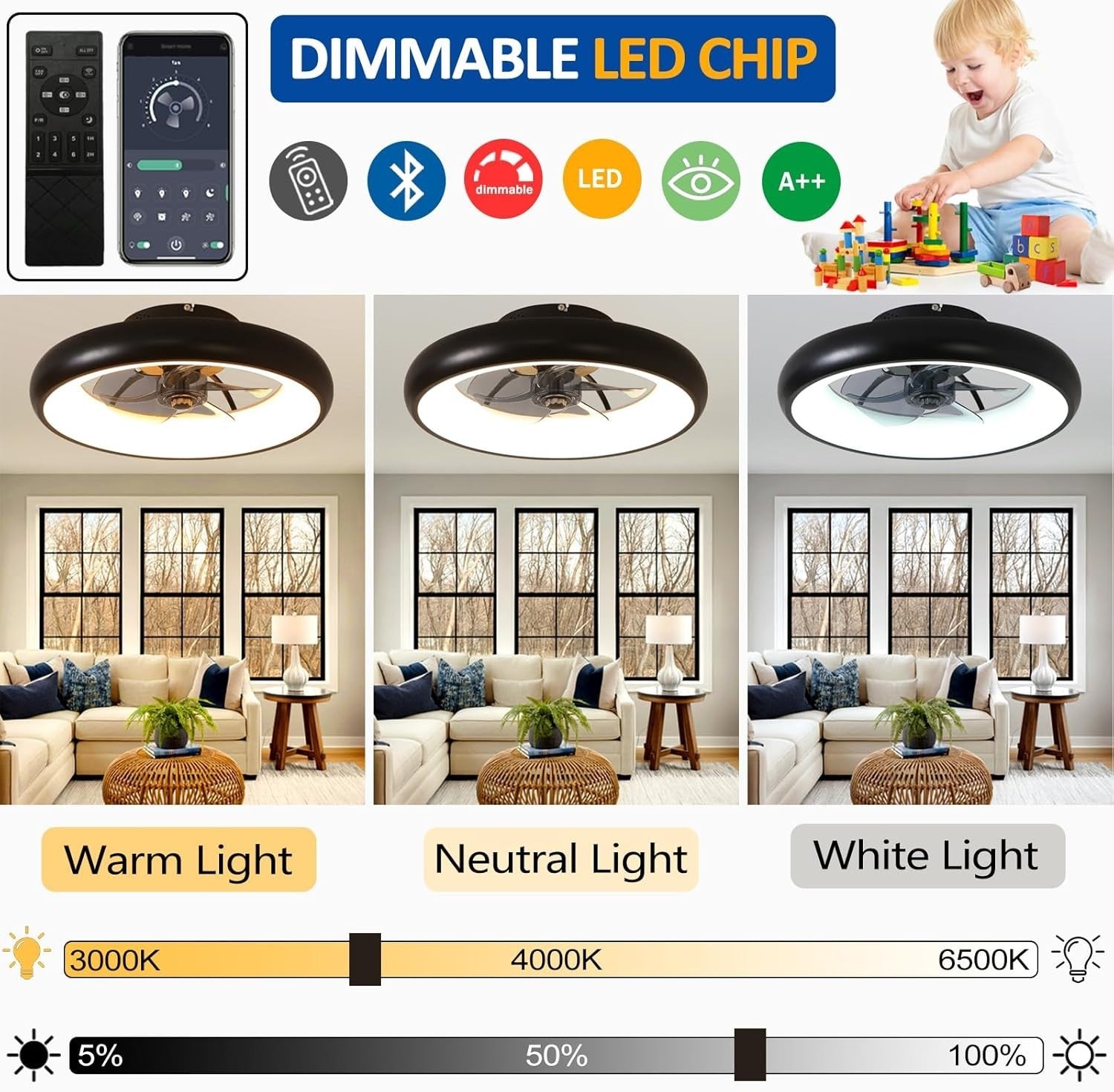 Exlafi 48CM Modern Ceiling Fan with LED Light, 6-Speed, Dimmable, Remote, Quiet