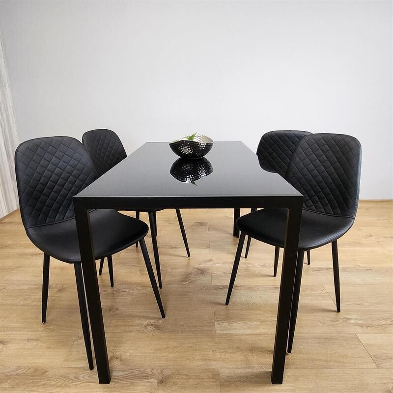 Black Glass Dining Table Set with 4 Leather Chairs Modern Italian Design