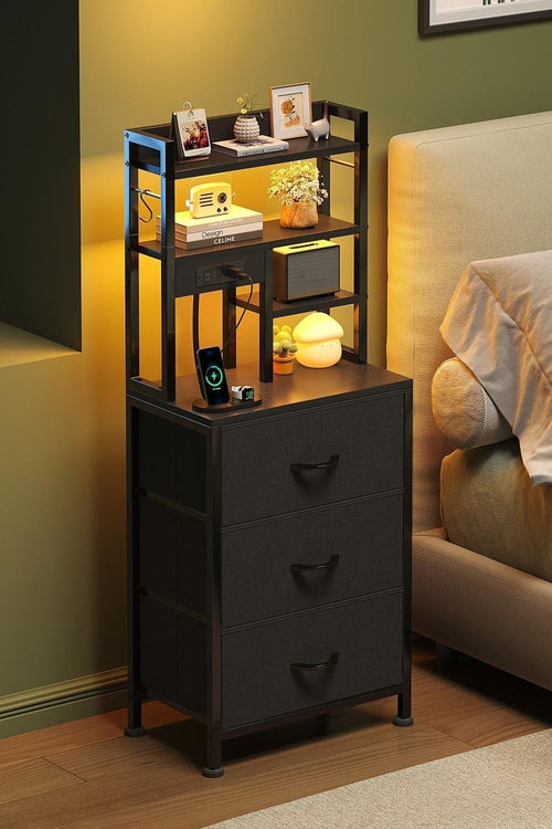 Black Tall Bedside Table with LED Lights & USB Ports | 3 Drawer Nightstand