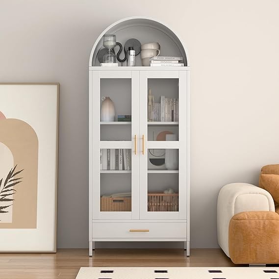 Tall Black Arched Pantry Cabinet – 4-Door Storage Unit with Glass Doors 185cm