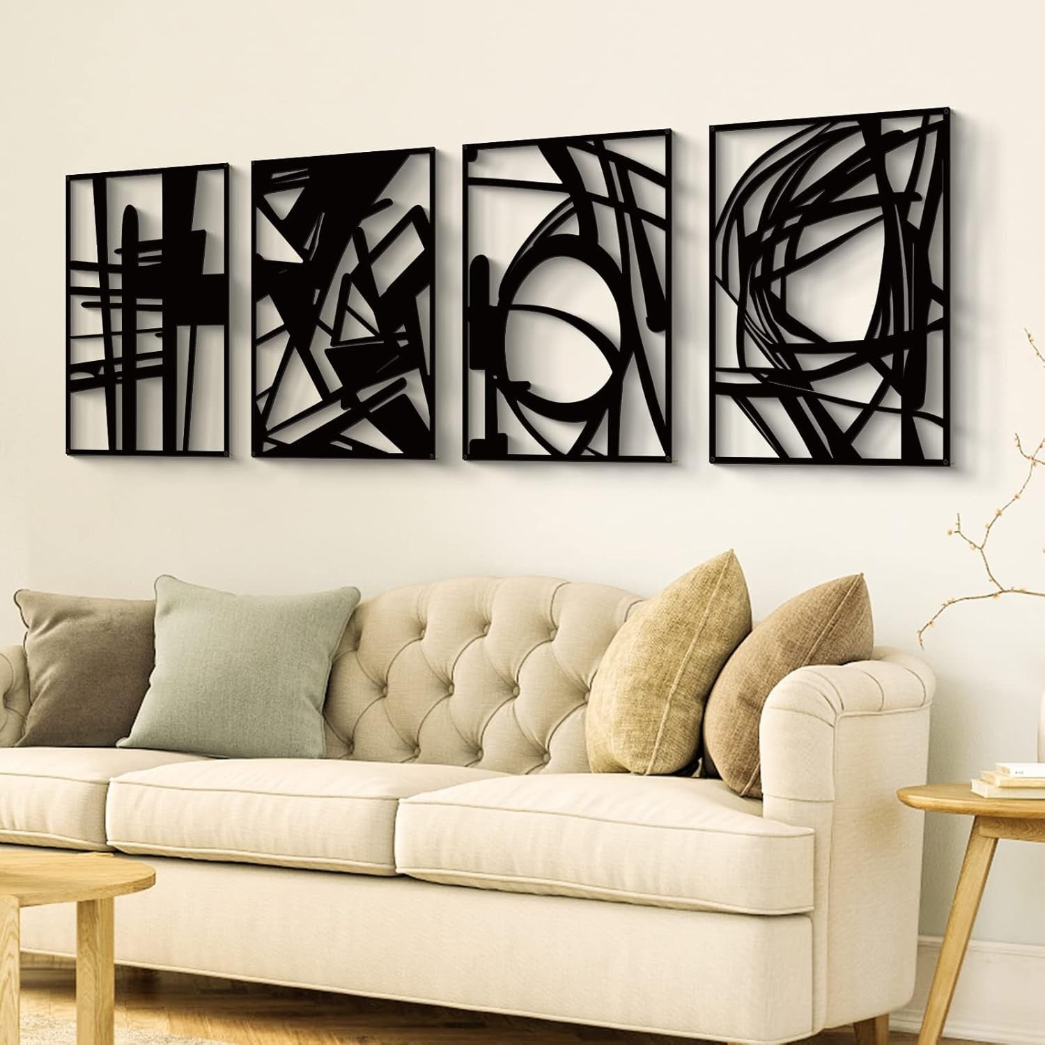 Black Abstract Metal Wall Art 4 Pack 3D Line 16x11in