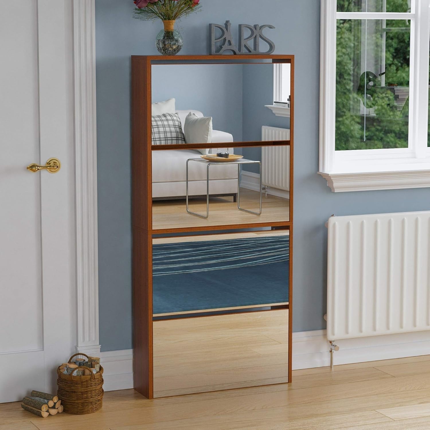 White Mirrored Shoe Cabinet | Slim 4 Drawer Storage 63x17x134cm Unit