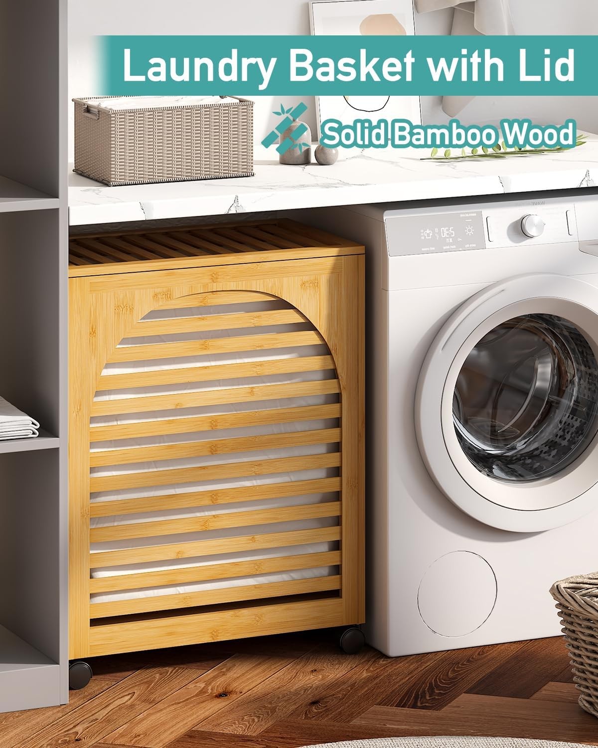 103L Bamboo Laundry Hamper on Wheels Large 2 Section Basket with Lid & Liner