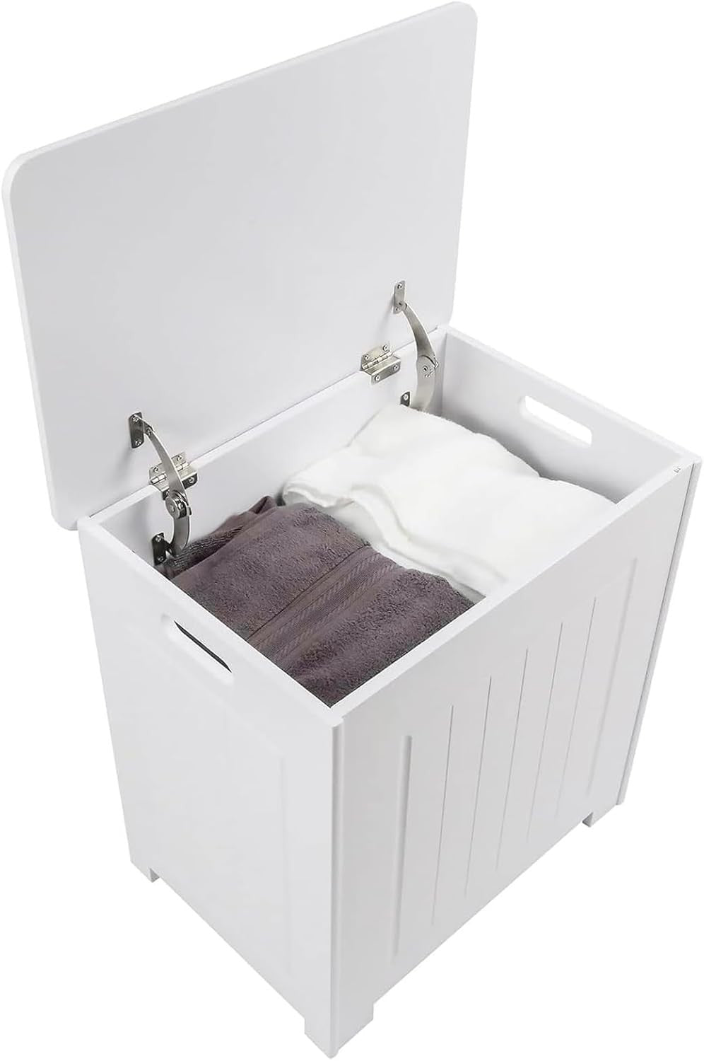 White Laundry Storage Cabinet with Lid Wooden Bathroom Hamper Bin