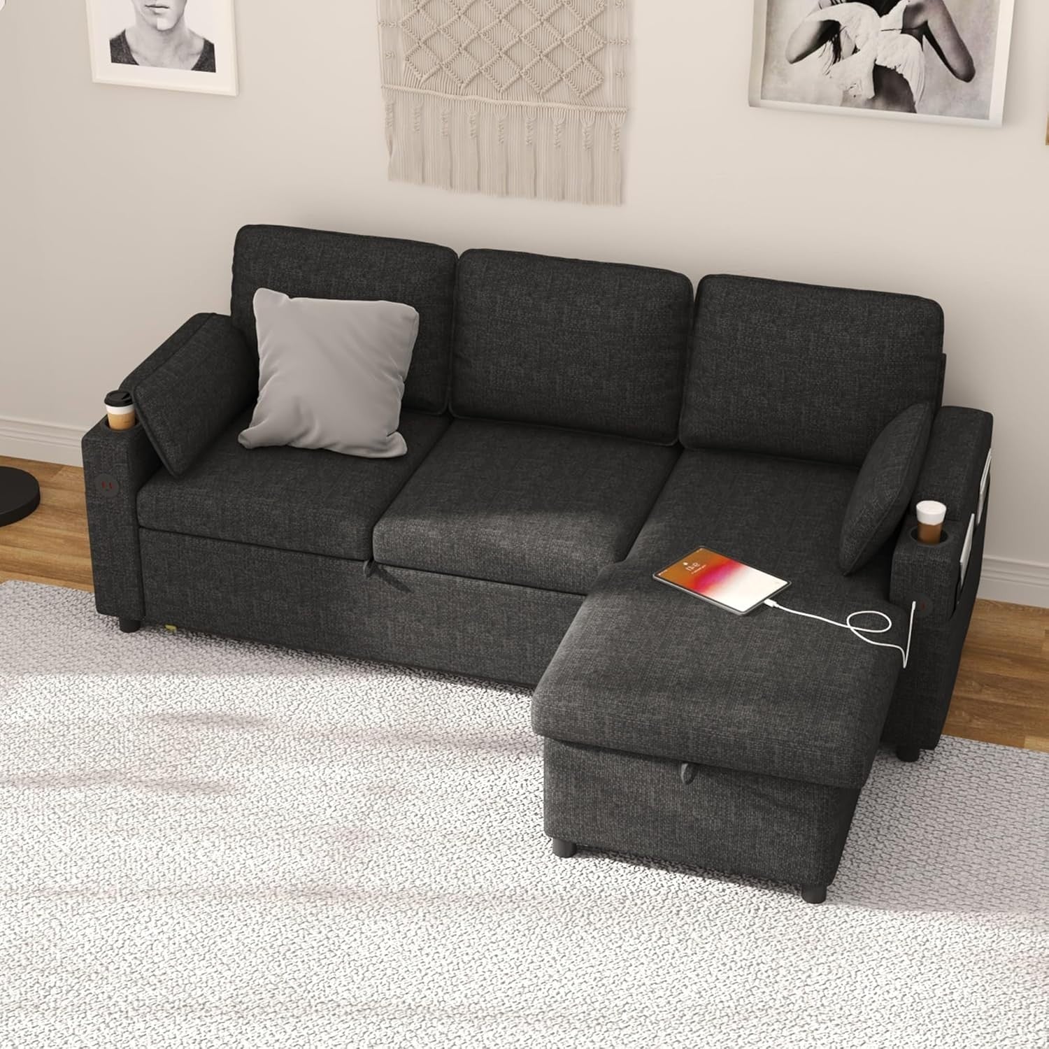 L Shape Sofa Bed Storage Chaise USB Cup Holder Pull Out Couch Grey