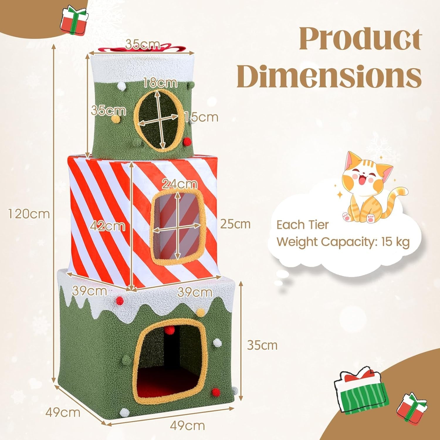 3 Tier Stackable Cat House Condo Green Red White Plush Indoor Cat Hideaway