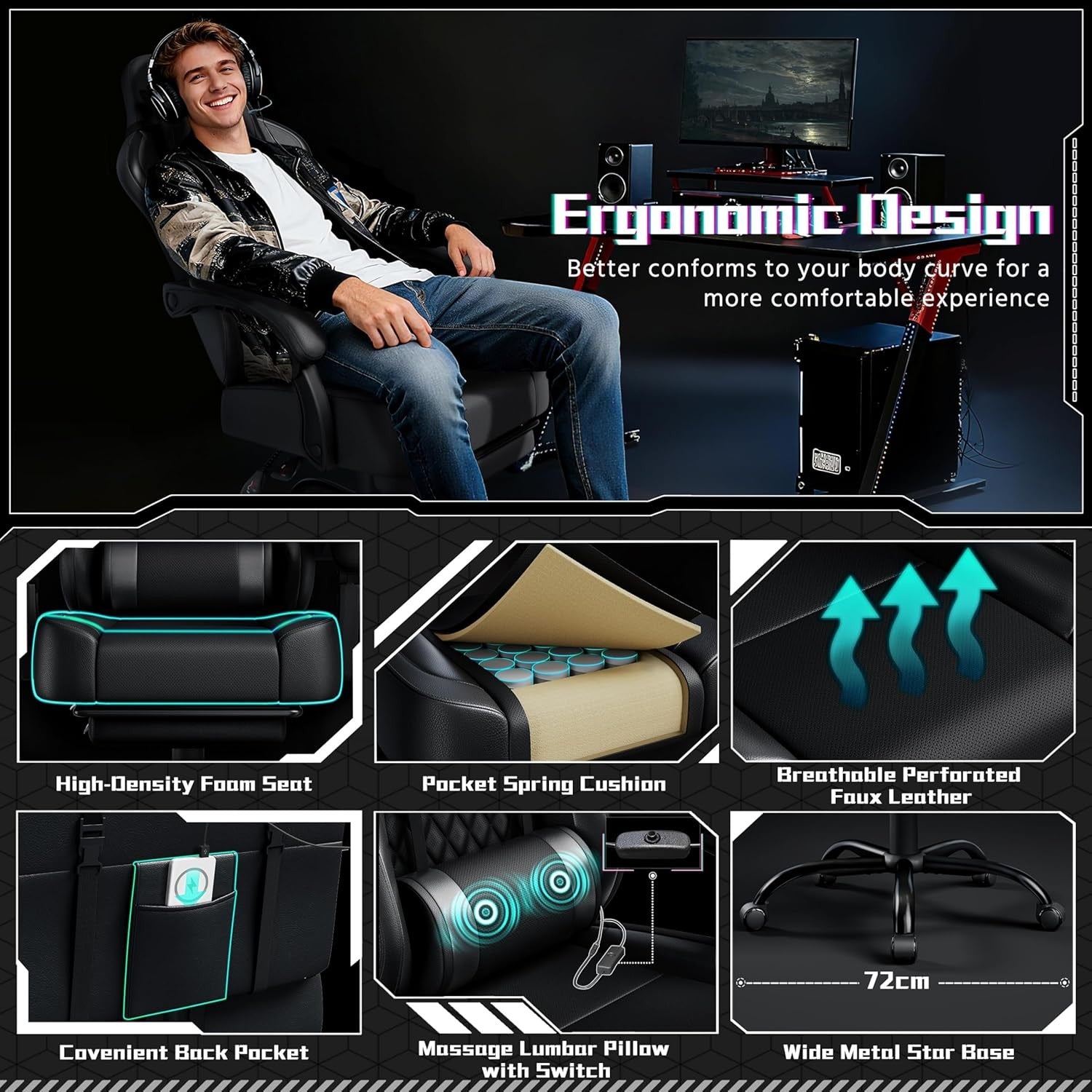 Ergonomic Gaming Chair with Footrest Massage Lumbar