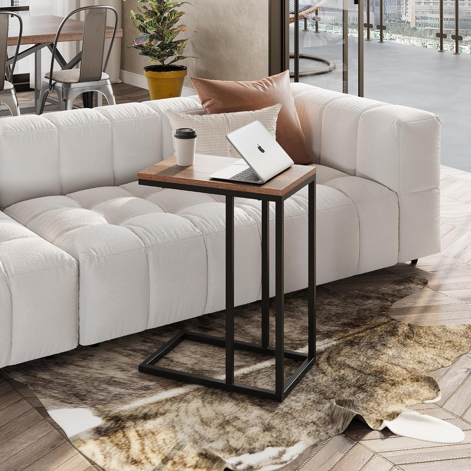 Space-Saving C-Shaped Side Table with 2-Tier Storage, Slim Durable Alloy Steel