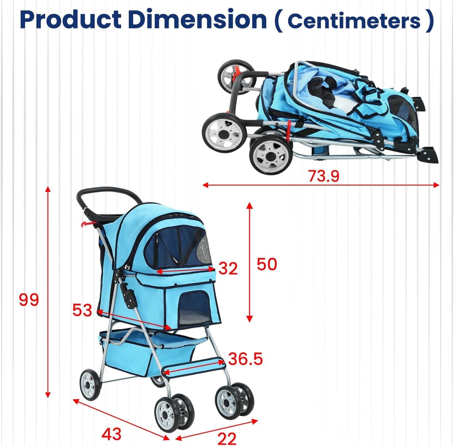 Pet Stroller Dog Cat Pushchair 4 Wheel Foldable Travel Carrier Mesh Blue