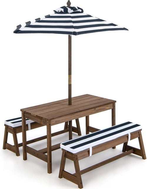 Kids Wooden Picnic Table Set with Benches Cushions & Umbrella Blue
