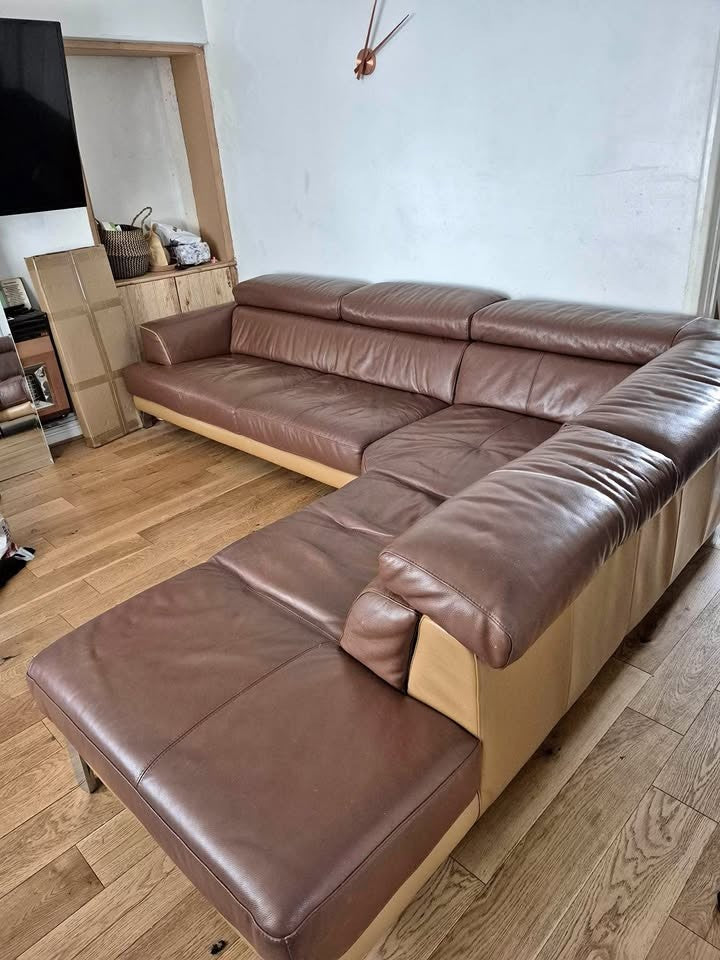 Double Brown Leather Corner Sofa (PTP)
