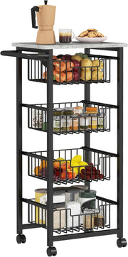4 Tier Kitchen Storage Trolley with Pull Out Baskets Rolling Utility Cart