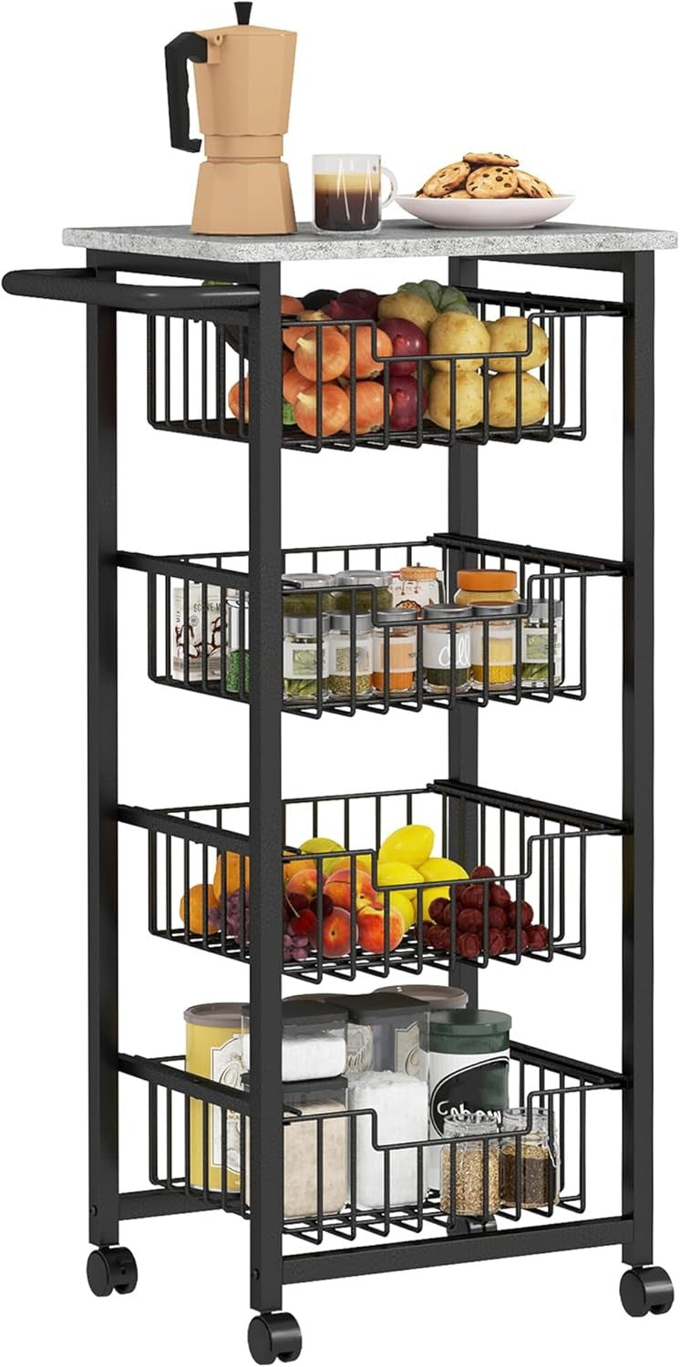 4 Tier Kitchen Storage Trolley with Pull Out Baskets Rolling Utility Cart