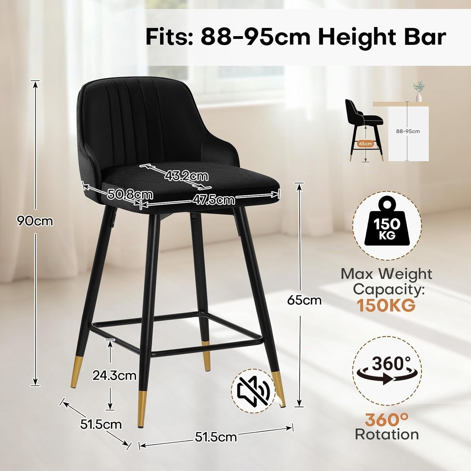 Black Velvet Swivel Bar Stools Set of 2 – Luxury Kitchen Counter Chairs