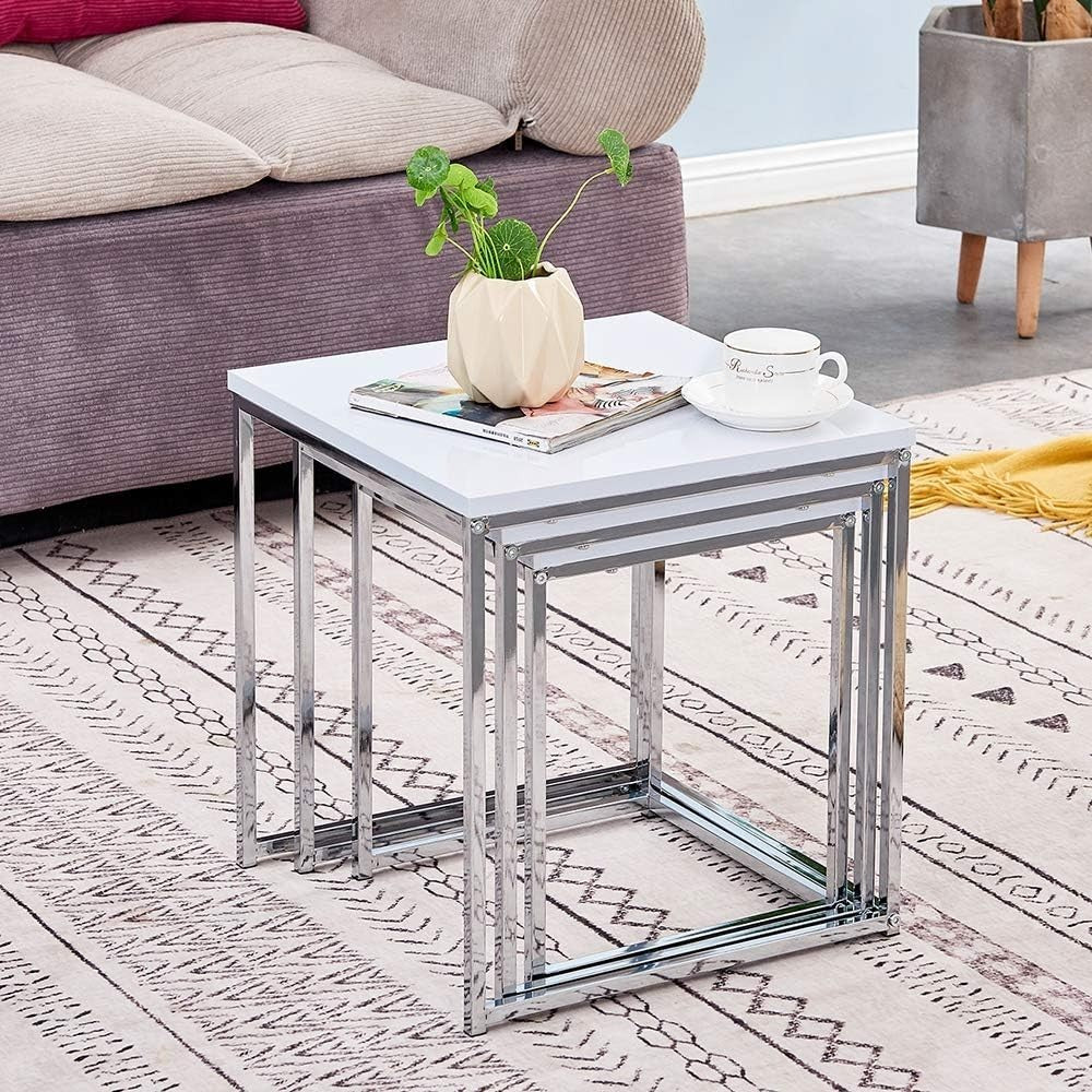 3 Pcs Nesting Coffee Table Set Modern Living Room End Side Tables White Wood