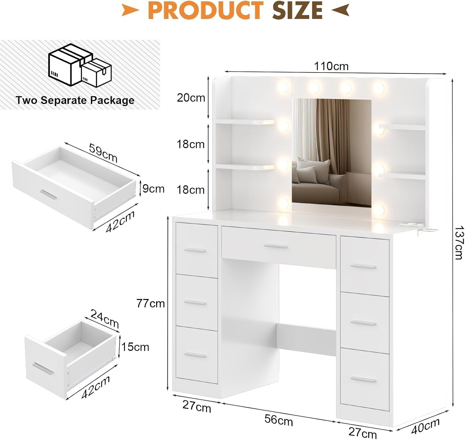 White Dressing Table Vanity Makeup Desk 7 Drawers LED Lights Mirror Power Outlet