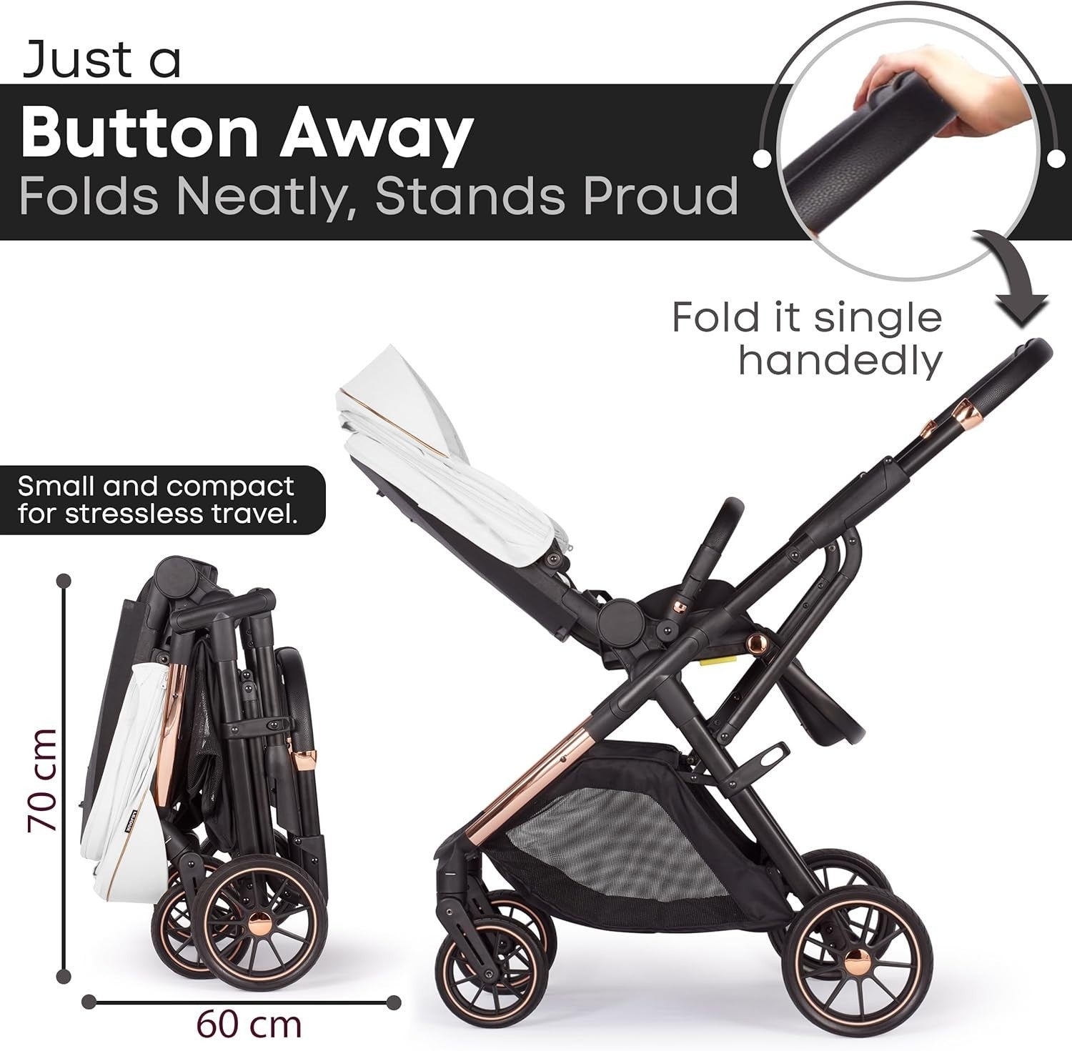 Baby Pushchair Reclining Seat Smooth Suspension Compact Stroller Pearl White