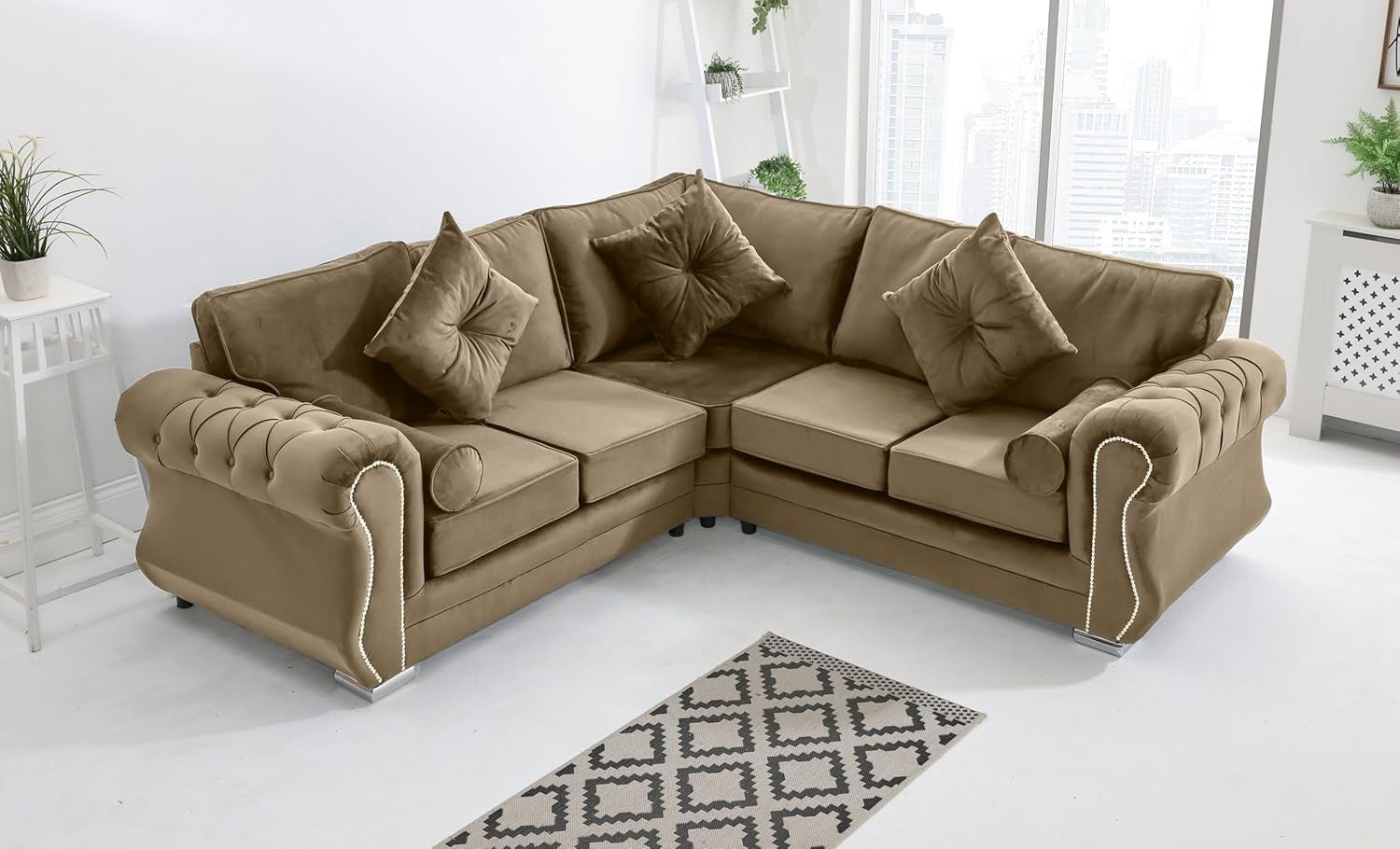 Mink Velvet Corner Sofa 5 Seater Plush Fabric, Foam Cushions, Chrome Legs