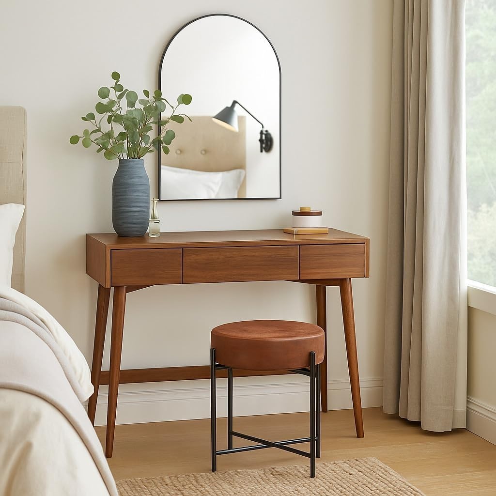 Brown Faux Leather Vanity Stool Round Padded Seat Modern Metal Leg Chair