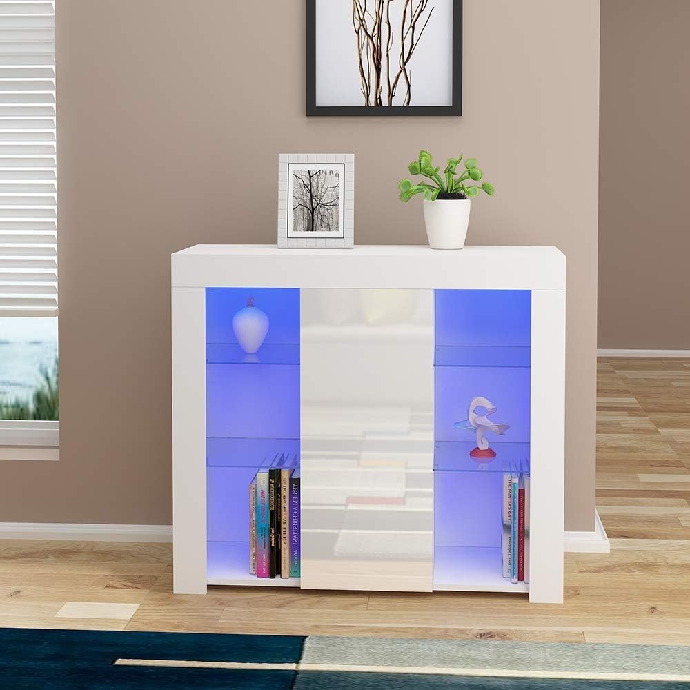 Modern LED Glass Shelf Sideboard Cabinet Storage Unit with RGB Light
