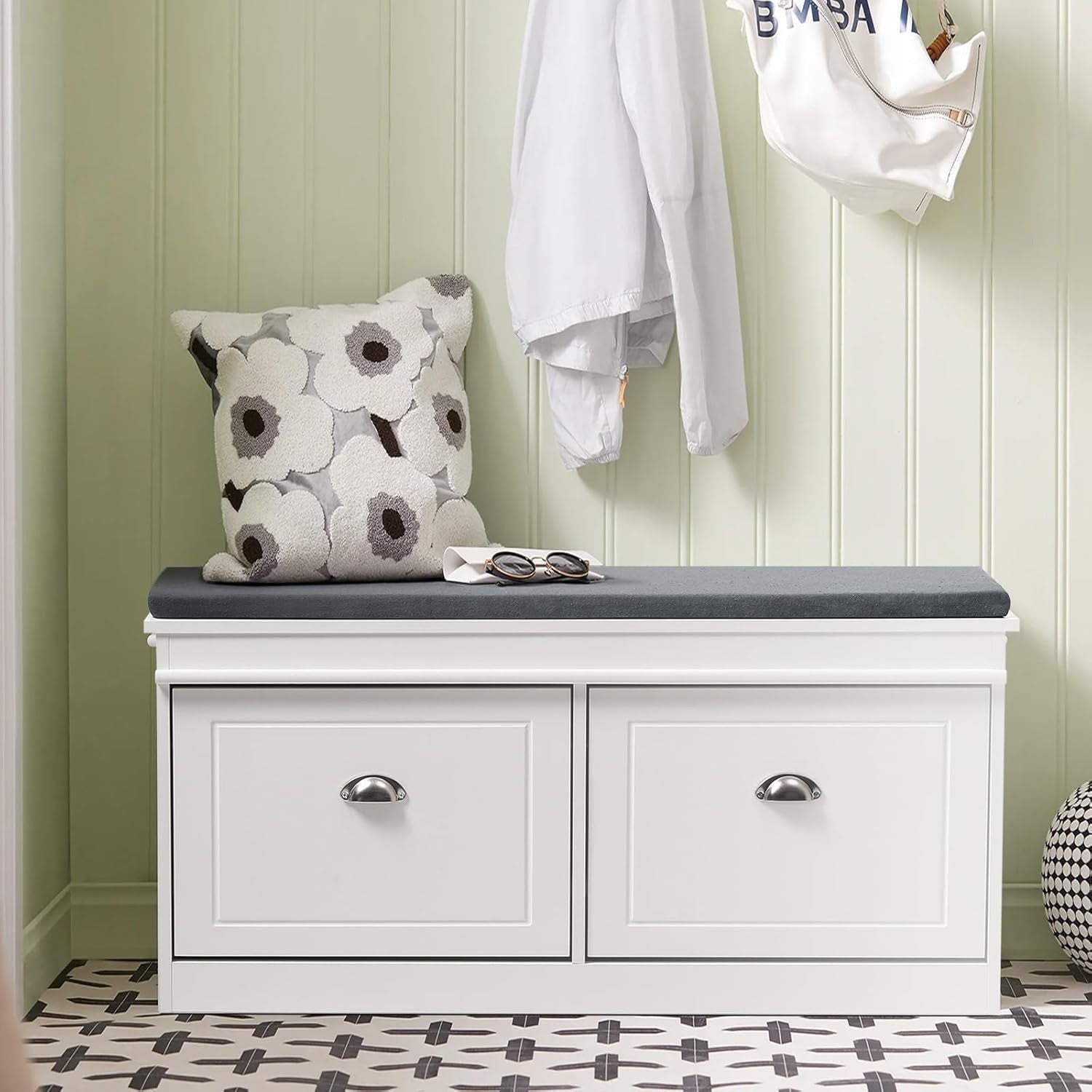 White Shoe Storage Bench with Flip Drawers & Cushion Seat 105x24x52cm