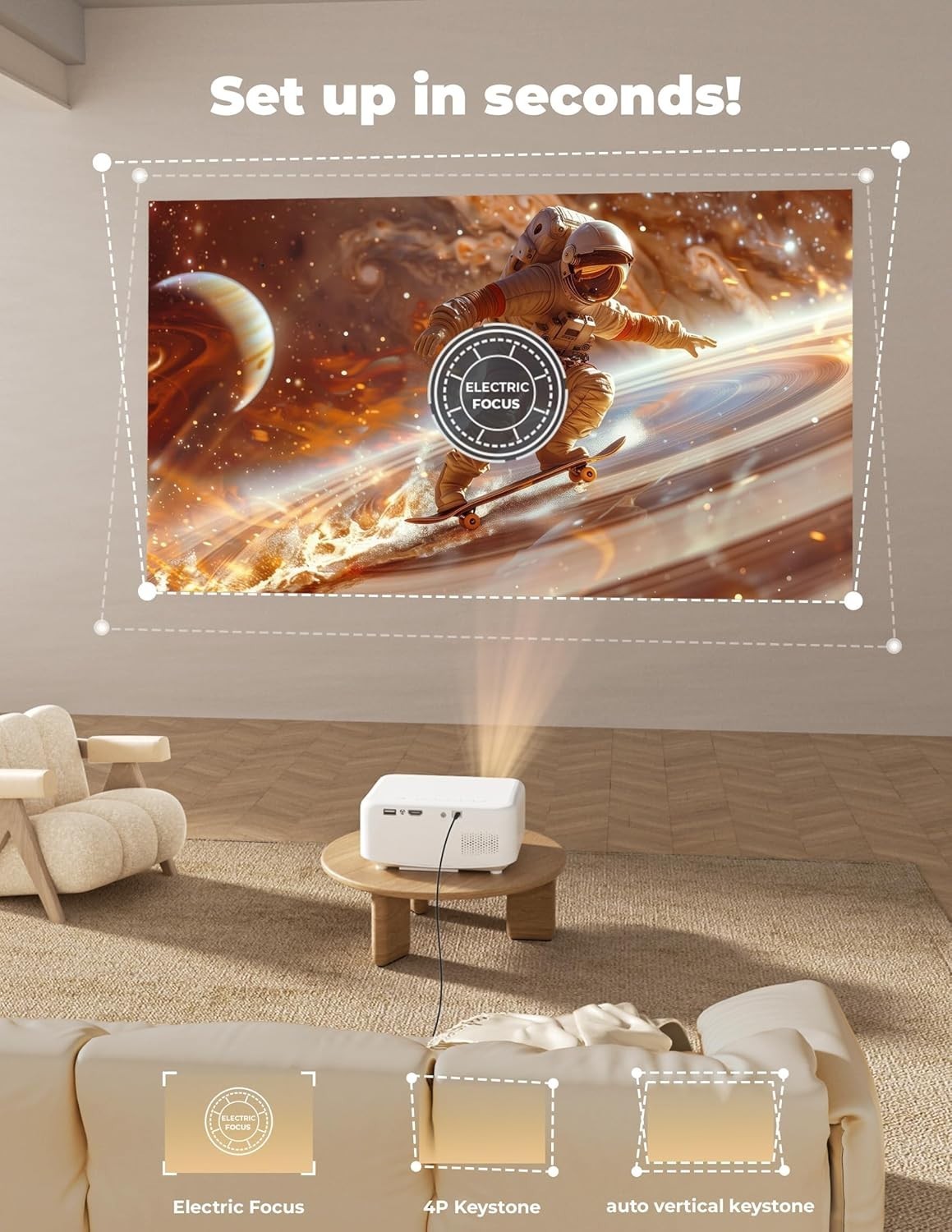 1080P Smart Mini Projector WiFi Bluetooth Auto Focus 1200 ANSI