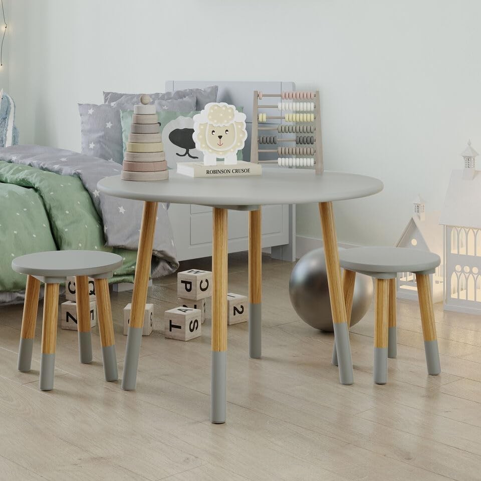 Kids Wooden Round Table & 4 Chair Set Grey, Sturdy Toddler Activity Furniture