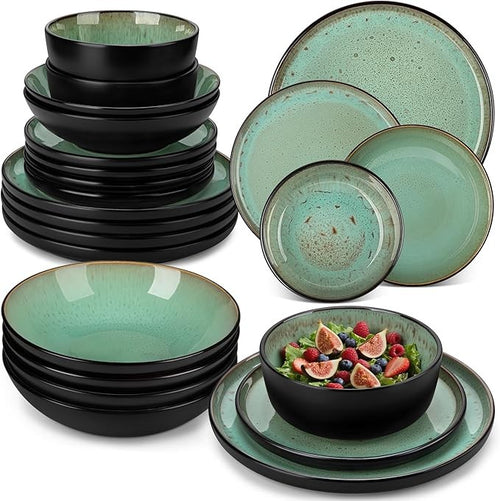 24pc Stoneware Dinner Set Plates Bowls Reactive Glaze Service for 6 Green