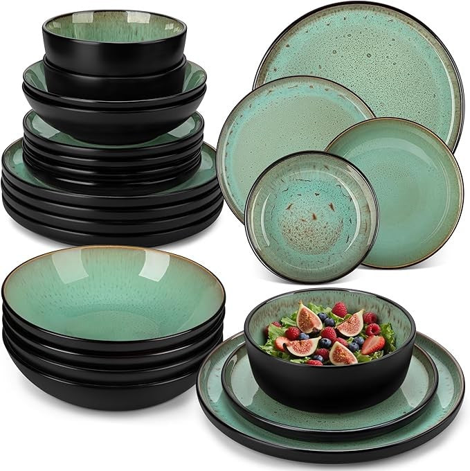 24pc Stoneware Dinner Set Plates Bowls Reactive Glaze Service for 6 Green