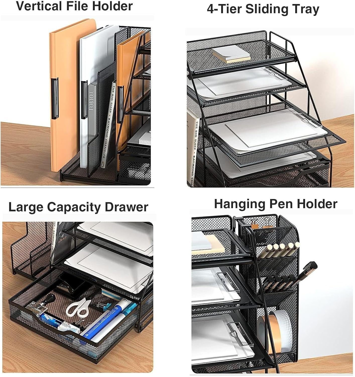 5-Tier Desk Organizer with File Holders, Drawer & Pen Storage – Metal Mesh