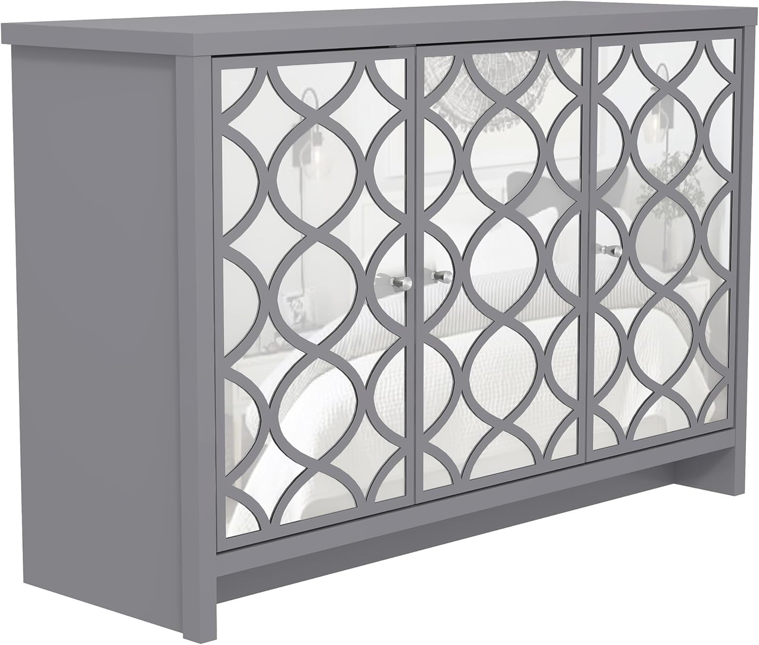Grey Mirrored Sideboard Cabinet 3 Door Storage Unit for Hall or Lounge