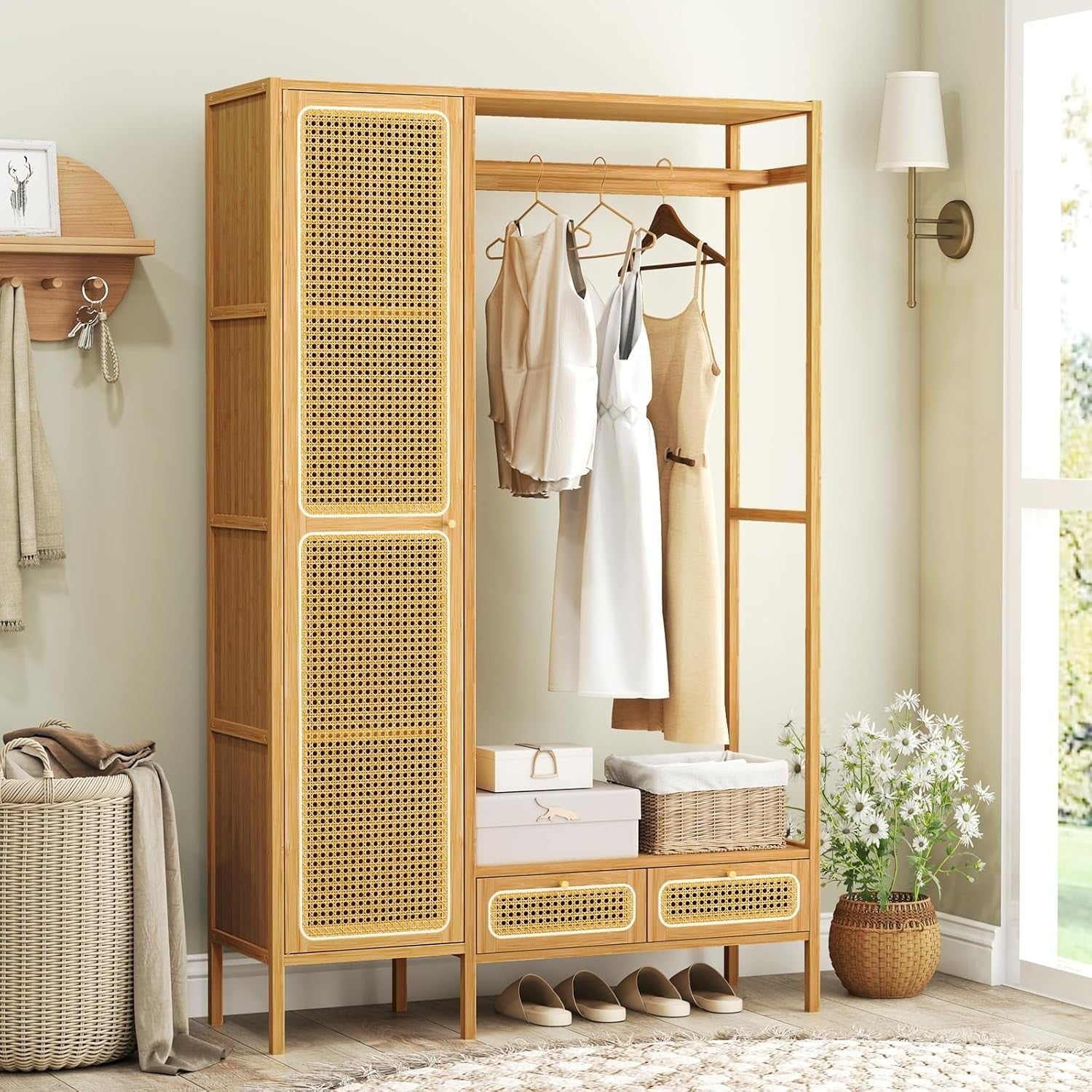 Bamboo Clothes Rack with Drawers & Rattan Shelving Unit