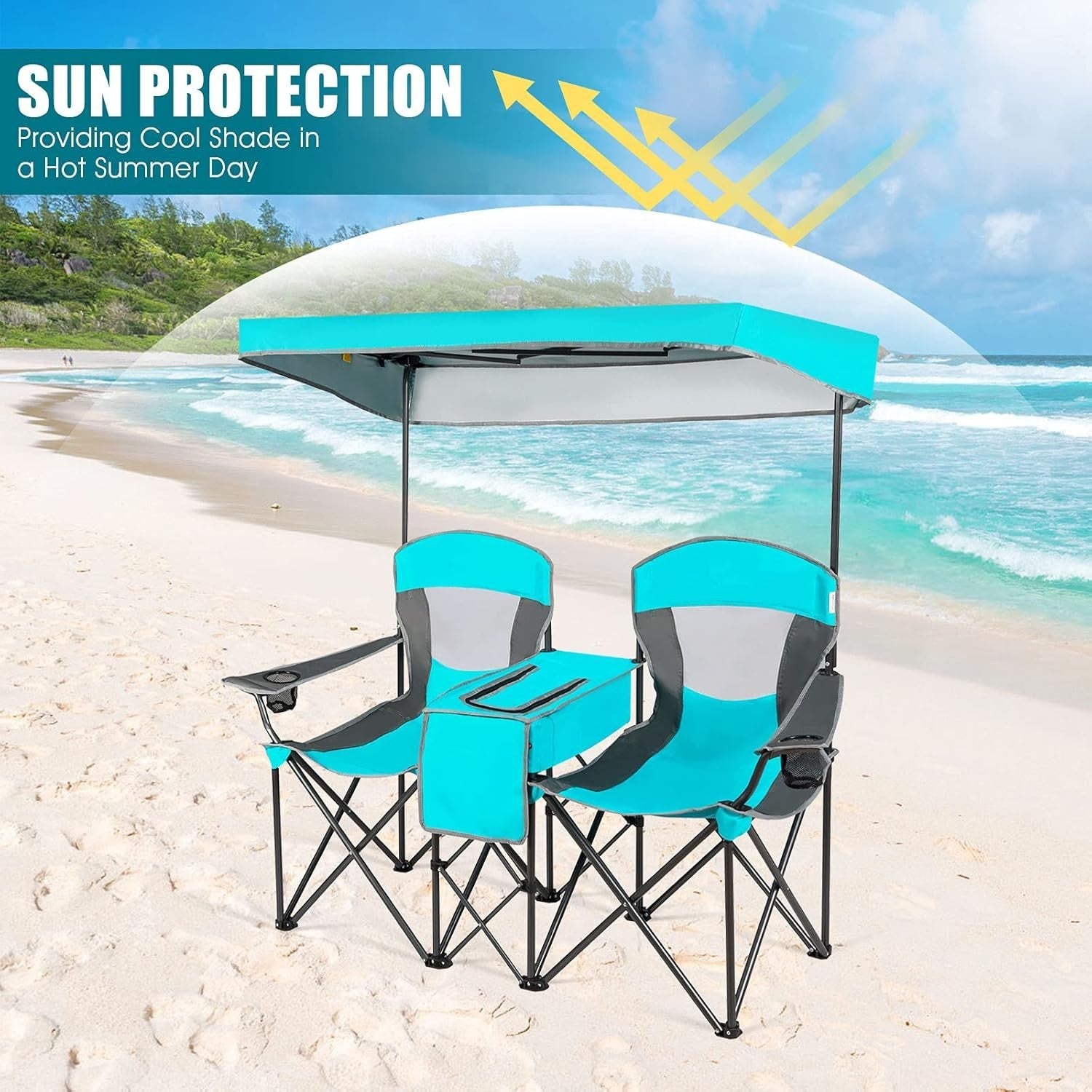 2 Seat Folding Camping Chair w/ Canopy & Cooler – Beach Picnic Outdoor