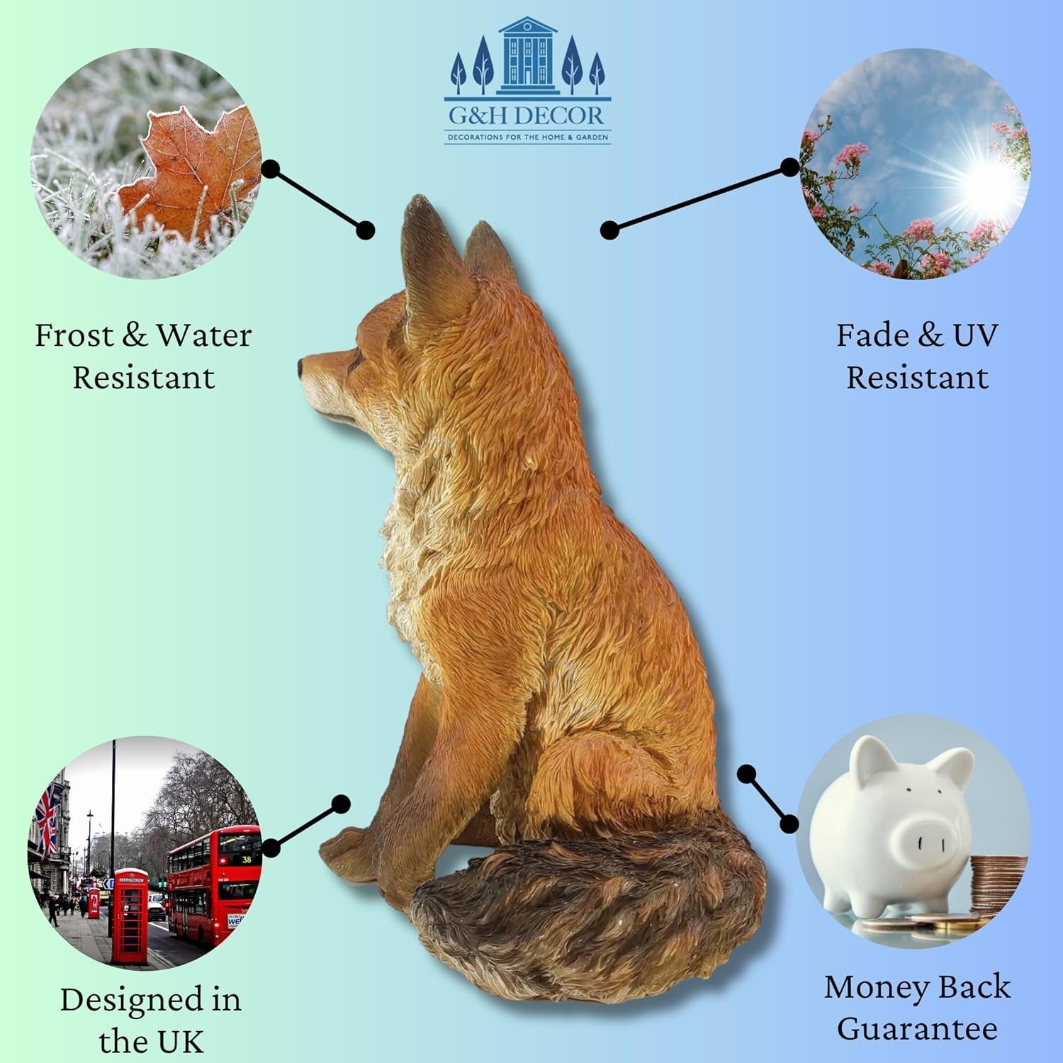 Realistic Sitting Fox Garden Ornament | Large Weatherproof Resin Woodland Decor