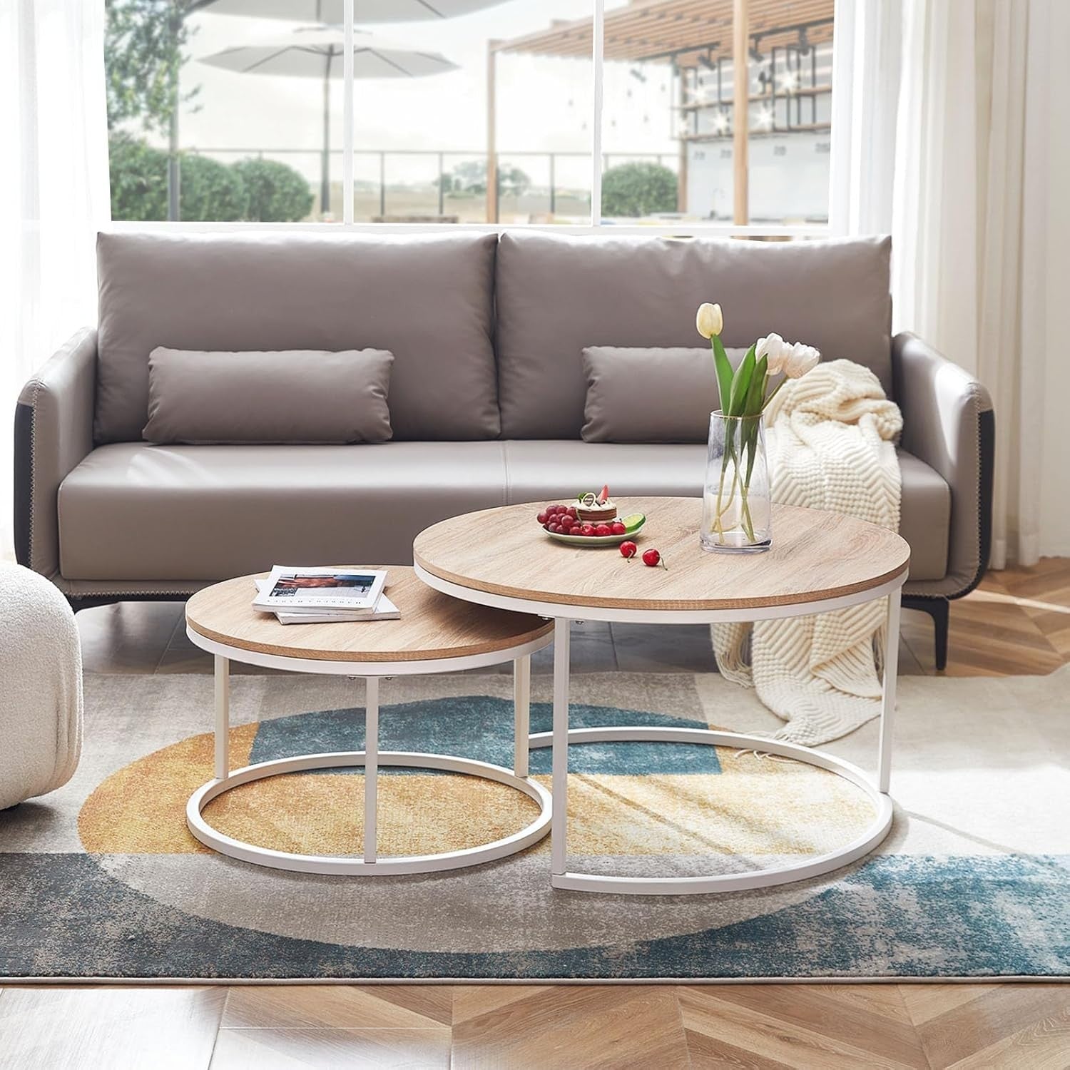 Space Saving Nesting Coffee Table Set Round White Oak End Side Tables Living Roo