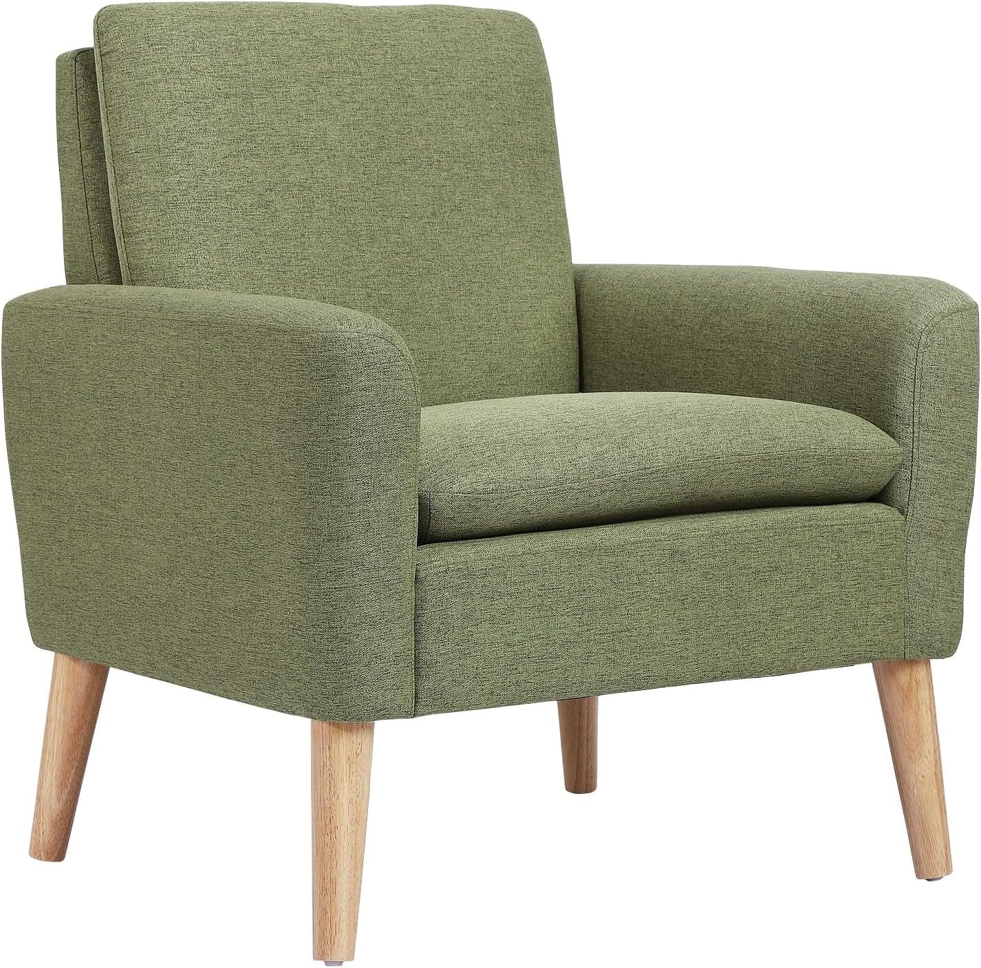 Green Lounge Armchair Upholstered with Wood Legs for Living Room Bedroom