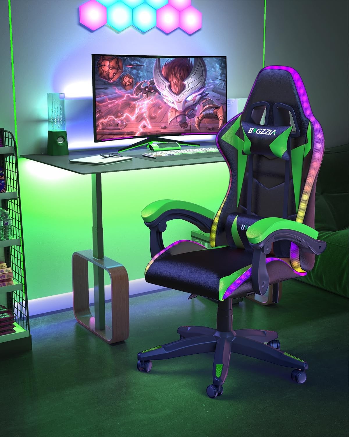 RGB Gaming Chair Recliner PU w/ Lumbar Headrest