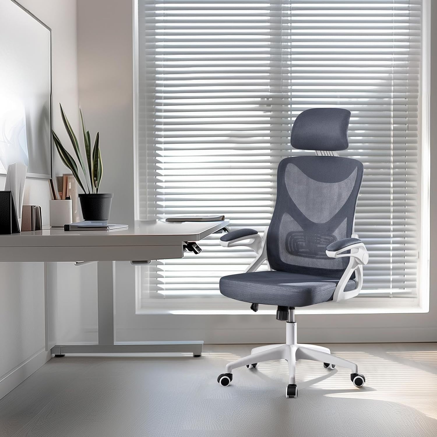 Ergonomic Mesh Office Desk Chair Adjustable Height Lumbar Flip-up Arms White/Gre