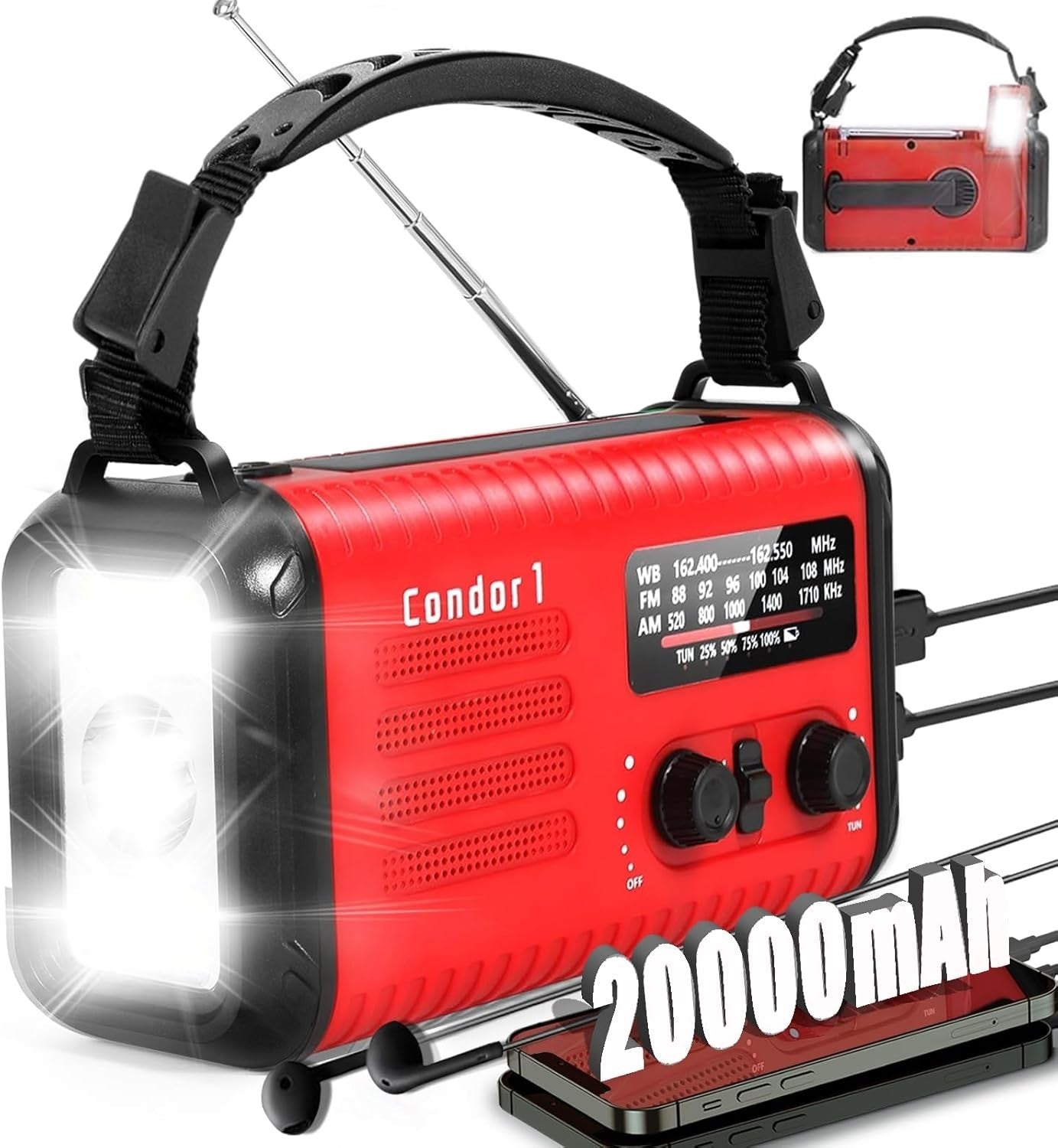 Emergency Solar Hand Crank Radio 20000mAh AM/FM/NOAA Flashlight Red