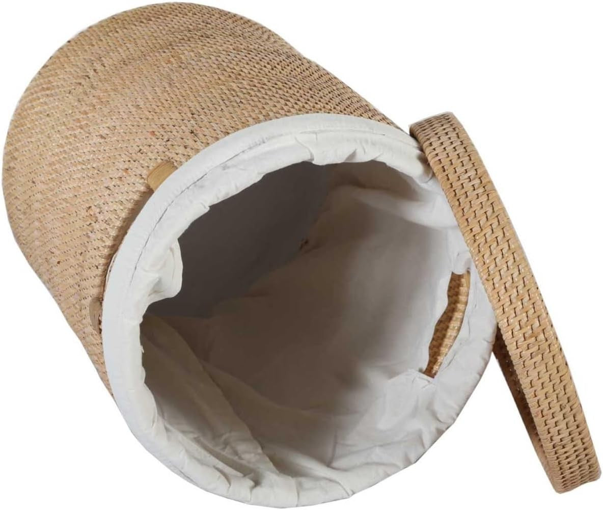 XL Natural Rattan Laundry Basket 40x60cm Lid Round Boho Hamper w/ Inner Bag
