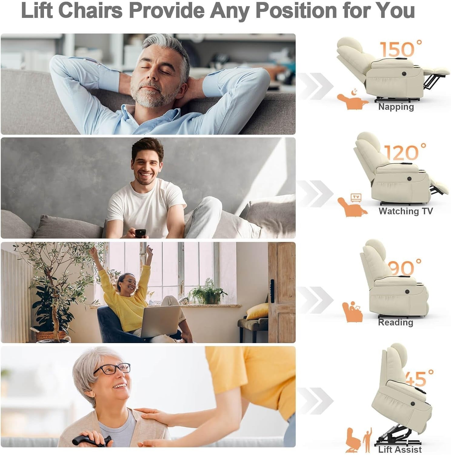 Power Lift Recliner Chair Massage Heat USB Type-C Faux Leather Beige Cup Holders
