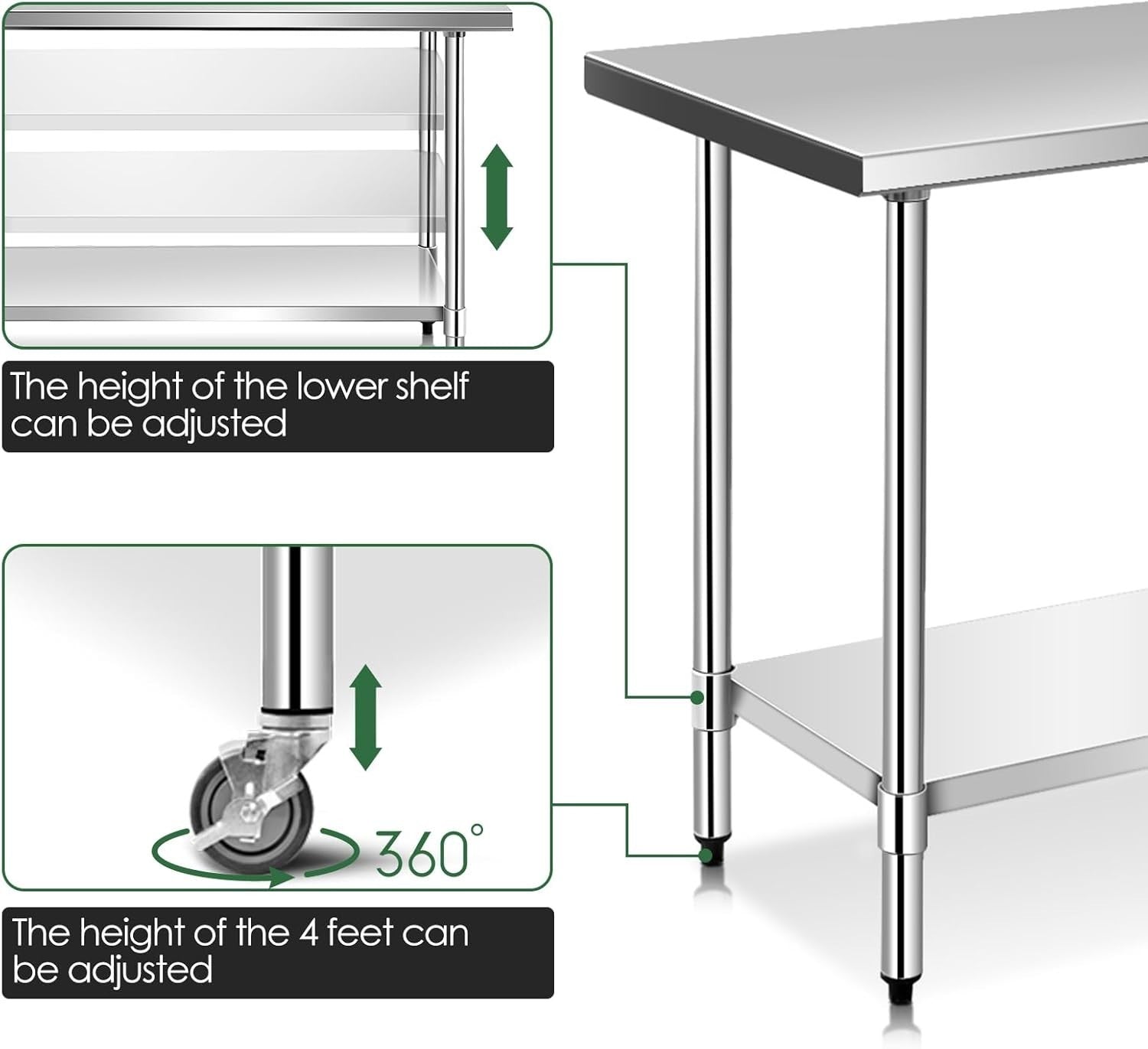 Stainless Steel Catering Table 250kg Commercial Prep Bench Adjustable Shelf