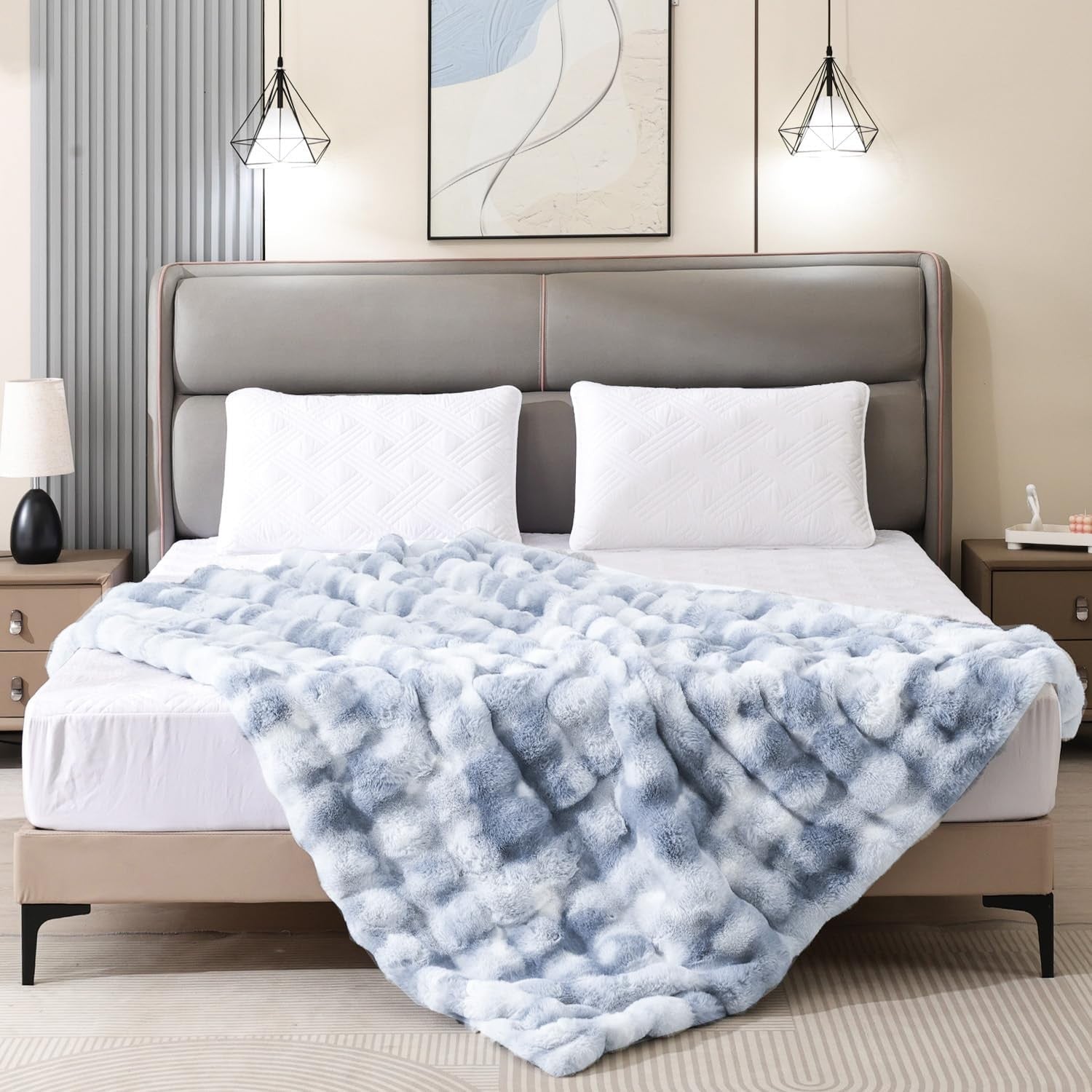 Tie Dye Blue Faux Fur Bubble Throw Blanket Soft Warm Plush Sofa 50x60in