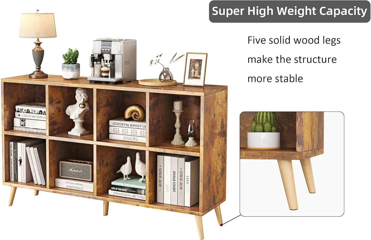 8 Cube Modern Bookcase with Legs Rustic Brown Wooden Storage Shelf 120cm