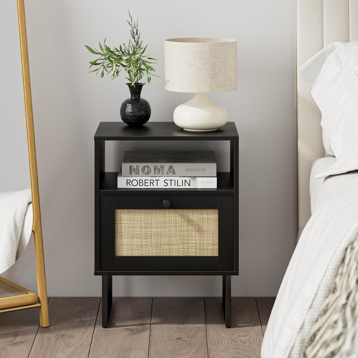 Modern Black Rattan Bedside Table with Drawer & Shelf Metal Frame Nightstand