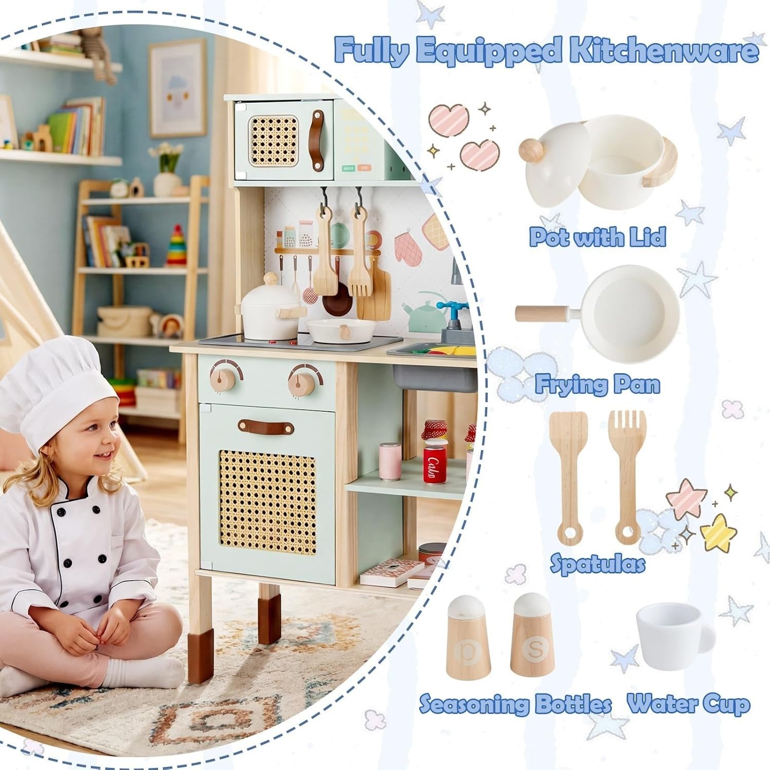 Wooden Kids Play Kitchen Green Toy Set Lights Sounds Blackboard