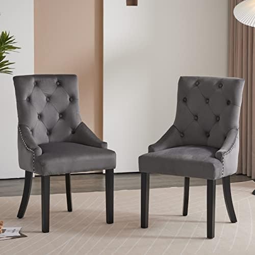 Modern 3-Piece Round Glass Dining Table Set with 2 Grey Velvet Chairs