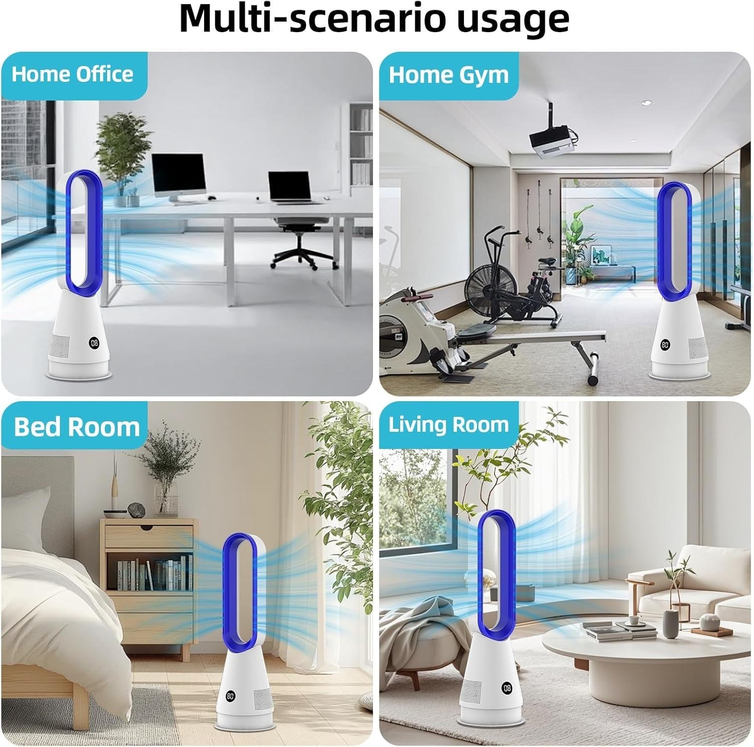Grey Bladeless Tower Fan 8-Speed LED Display Quiet Cooling 9H Timer 32dB Modern