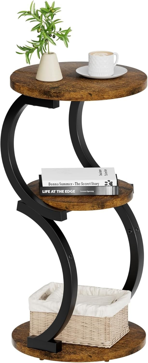 3-Tier Round Small Side Table with Storage, Rustic Brown S-Shaped End Table