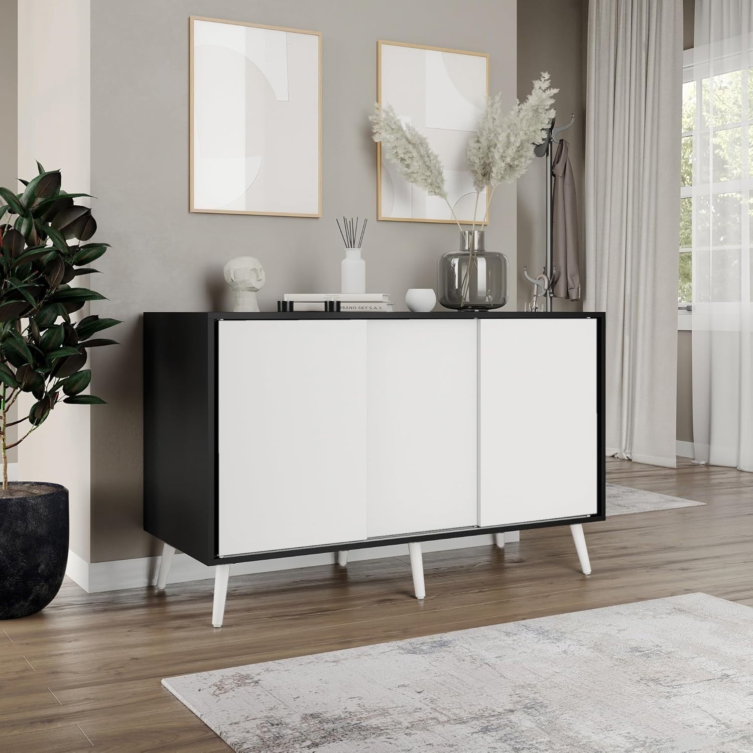 White Door Sliding Sideboard Cabinet 3 Door Storage Unit Modern Design